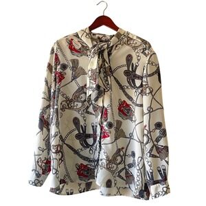 Vintage Alfred‎ Dunner Women's 20W Equestrian Chain Tie Neck Long Sleeve Blouse